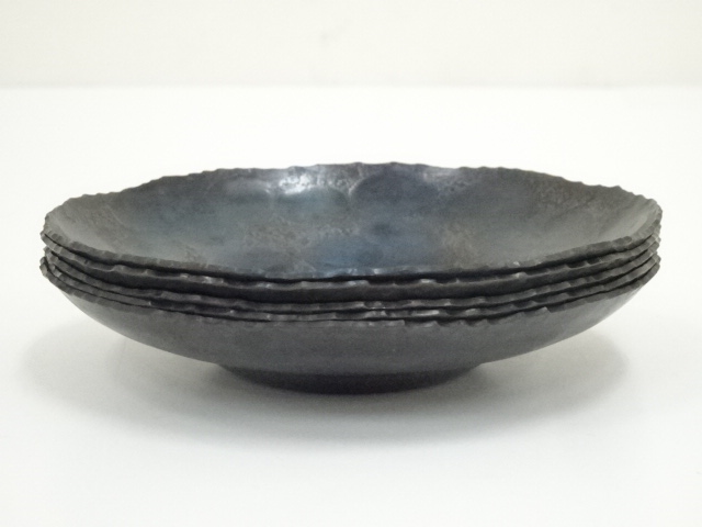 鎚起銅器　玉川堂造　鎚目打　銅老托子　茶托　五客　共箱　C　4551 鎚起銅器 玉川堂造 鎚目打 銅老托子 茶托 五客 共箱 C 4551